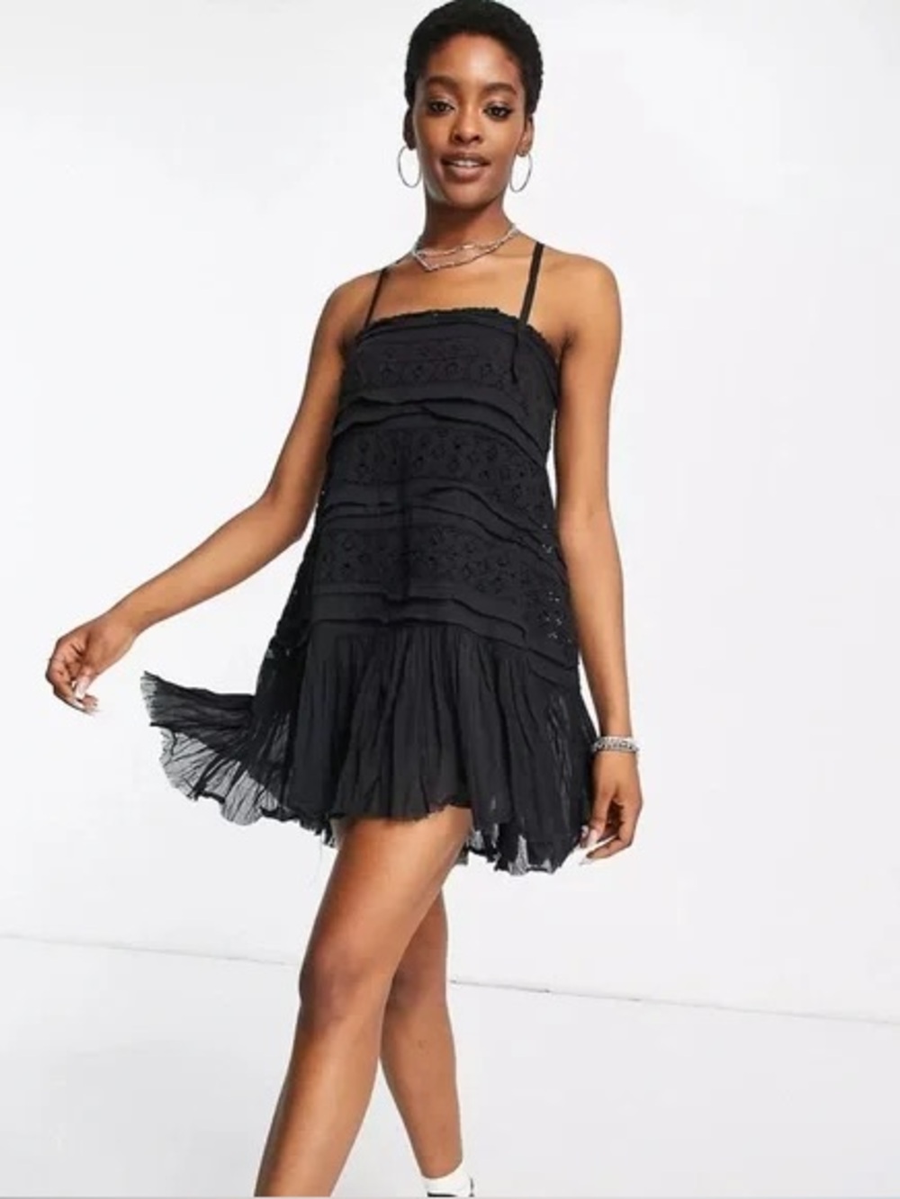 Free People Shailee Black Spaghetti Strap loose Mini Dress NWT sz M boho